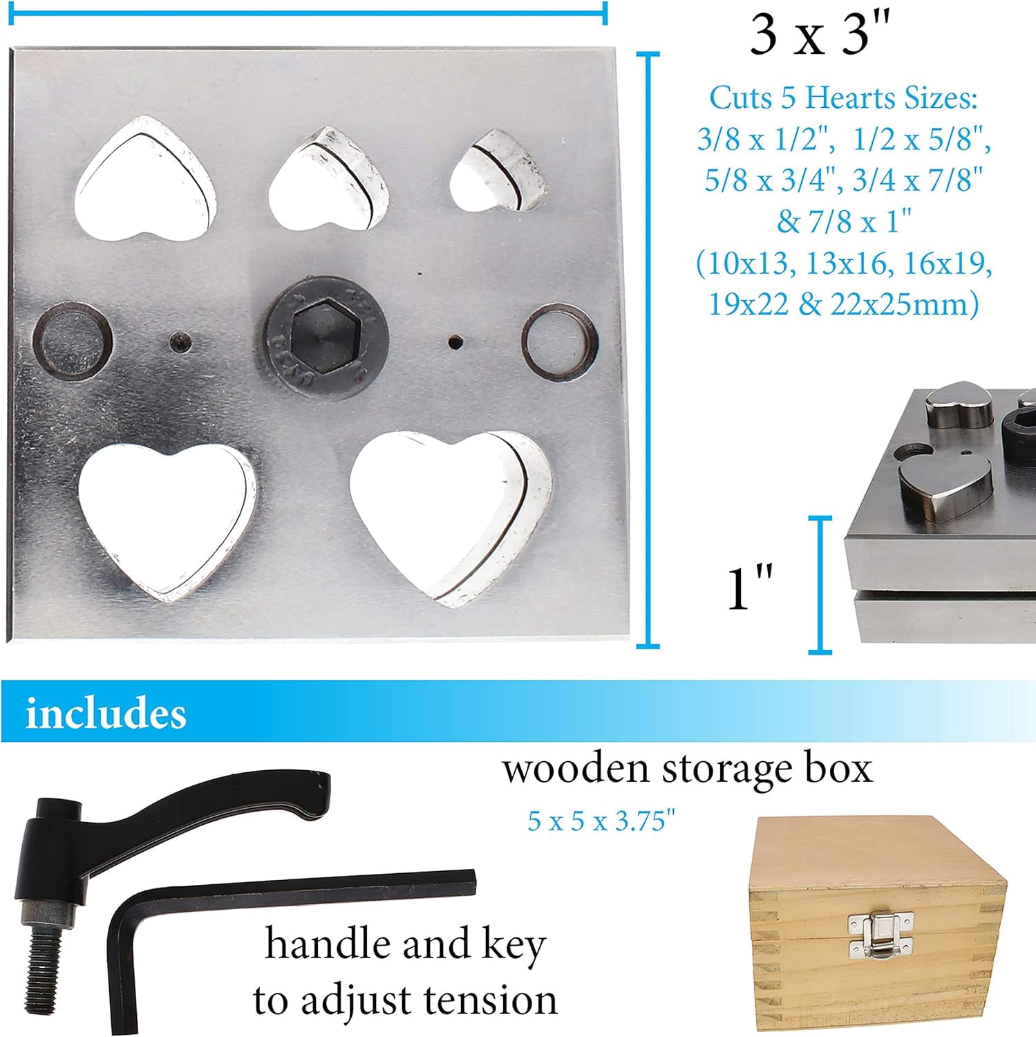 The Beadsmith Steel Heart Disc Cutter Set with 5 Punches, Die, Lever and Box. Tool for Cutting Accurate Hearts From: 3/8" x 1/2" to 7/8" x 1" Using a Soft Metal Sheet up to 20 Gauge and Thinner
