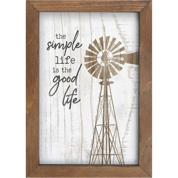 Simple Life is Good Life Windmill Whitewash Look 7 x 10 Inch Pine Wood Framed Wall Art Plaque