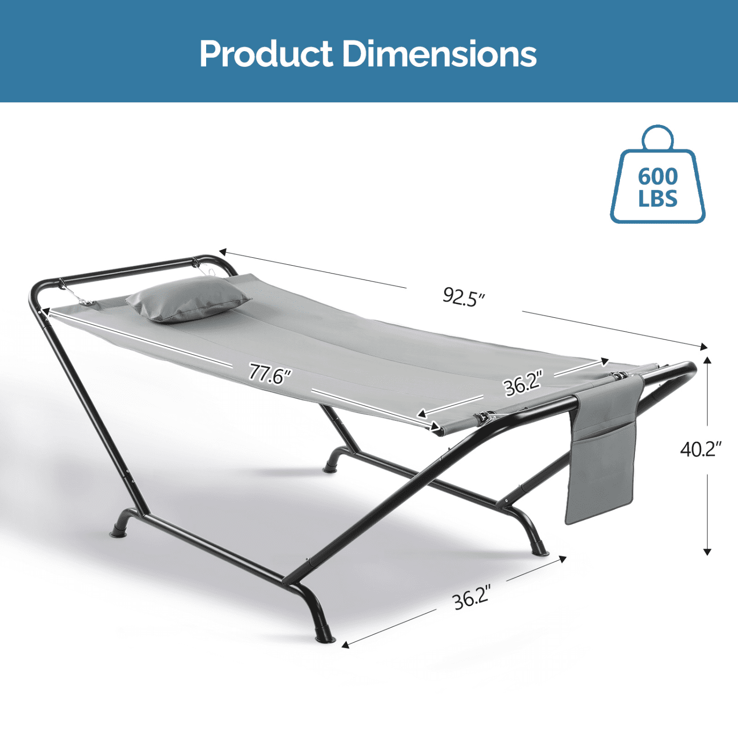 Tcbosik Hammock with Stand for Outside, Heavy Duty Outdoor Patio Hammock Bed with Pillow and Storage Pocket for Garden, Balcony, Porch, Backyard, Grey