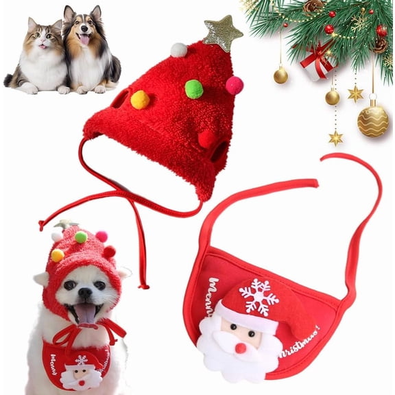 Adorable Christmas Tree Pom Pom Hat for Cats Dogs, Christmas Dog Bandanas, Adjustable Knitted Dog Santa Hats for Home Holiday Party