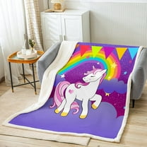 Girls Unicorn Sherpa Blanket Kawaii Cute Unicorn Print Flannel Blanket Cartoon Horse Plush Blanket Children Galaxy Stars Magical Unicorn Animal Throw Blanket Purple Bed Blanket Twin 60"x80"
