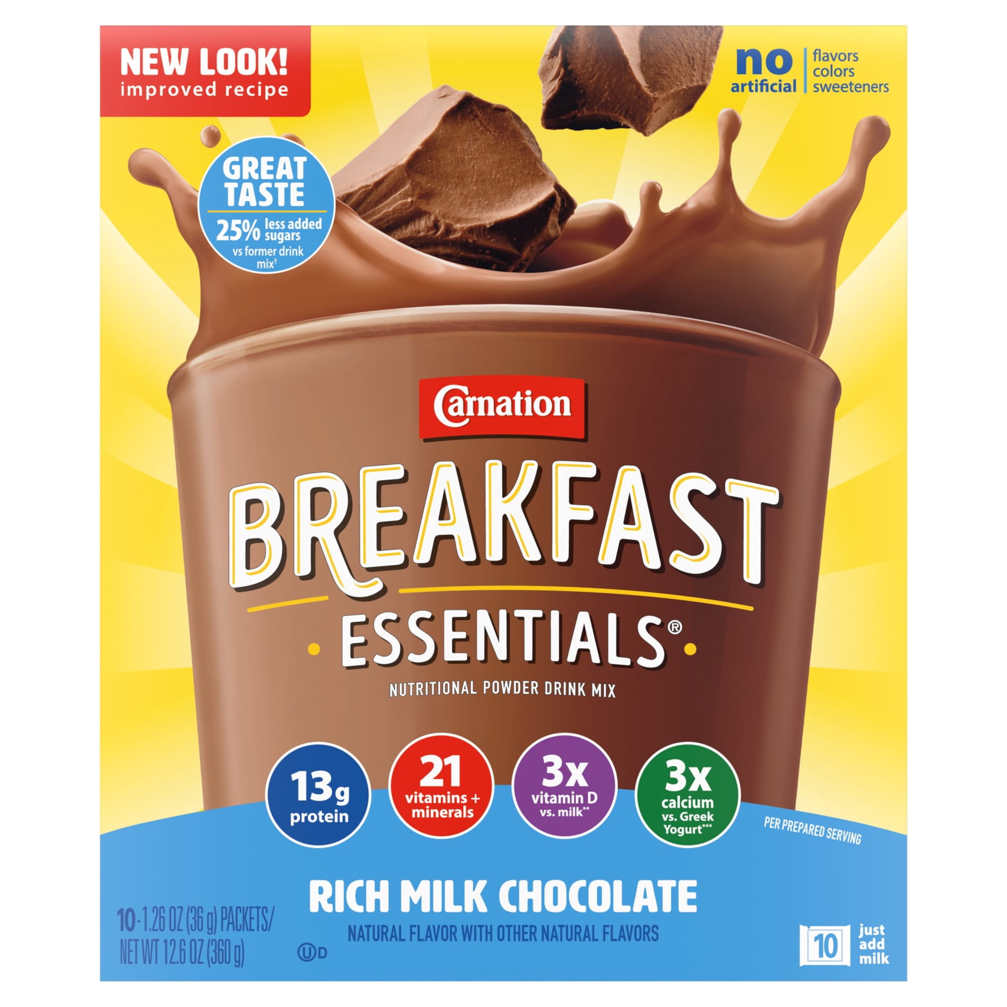 Carnation Breakfast Essentials Powder Protein Nutritional Shake Drink Mix Packets, Rich Milk Chocolate Breakfast Shake, 10 Count