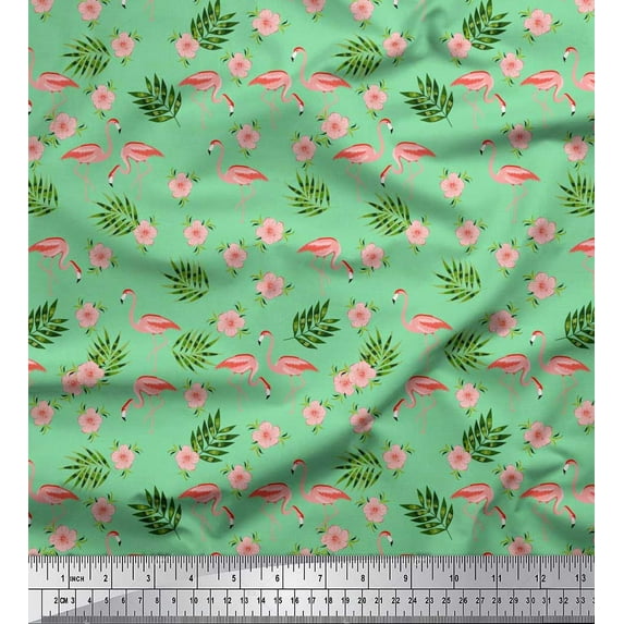 Soimoi Japan Crepe Satin Fabric Leaves,Floral & Flamingo Bird Printed Craft Fabric by The Yard 42 Inch Wide