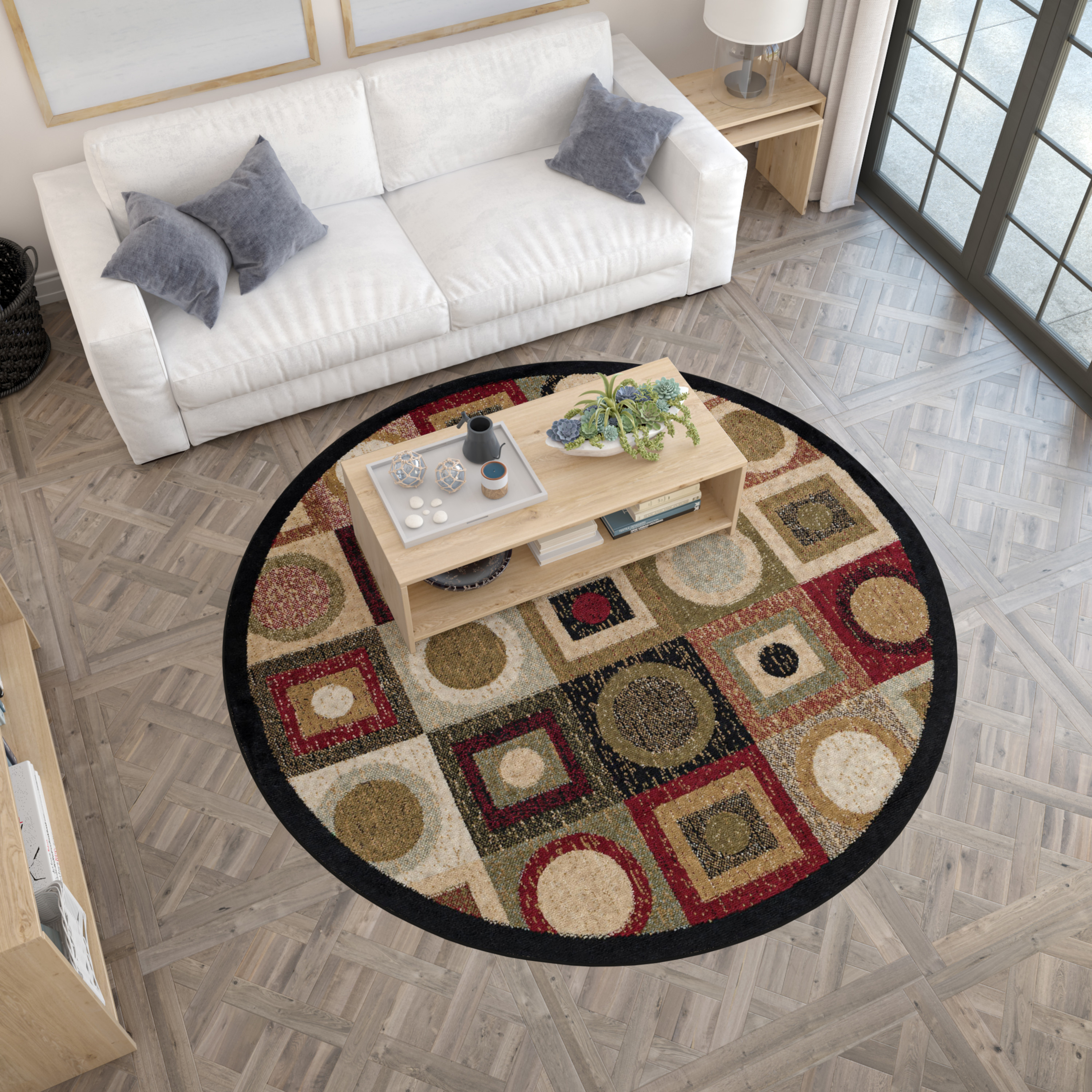 Hampton Contemporary 8' Round Black and Red Polypropylene Indoor Area Rug