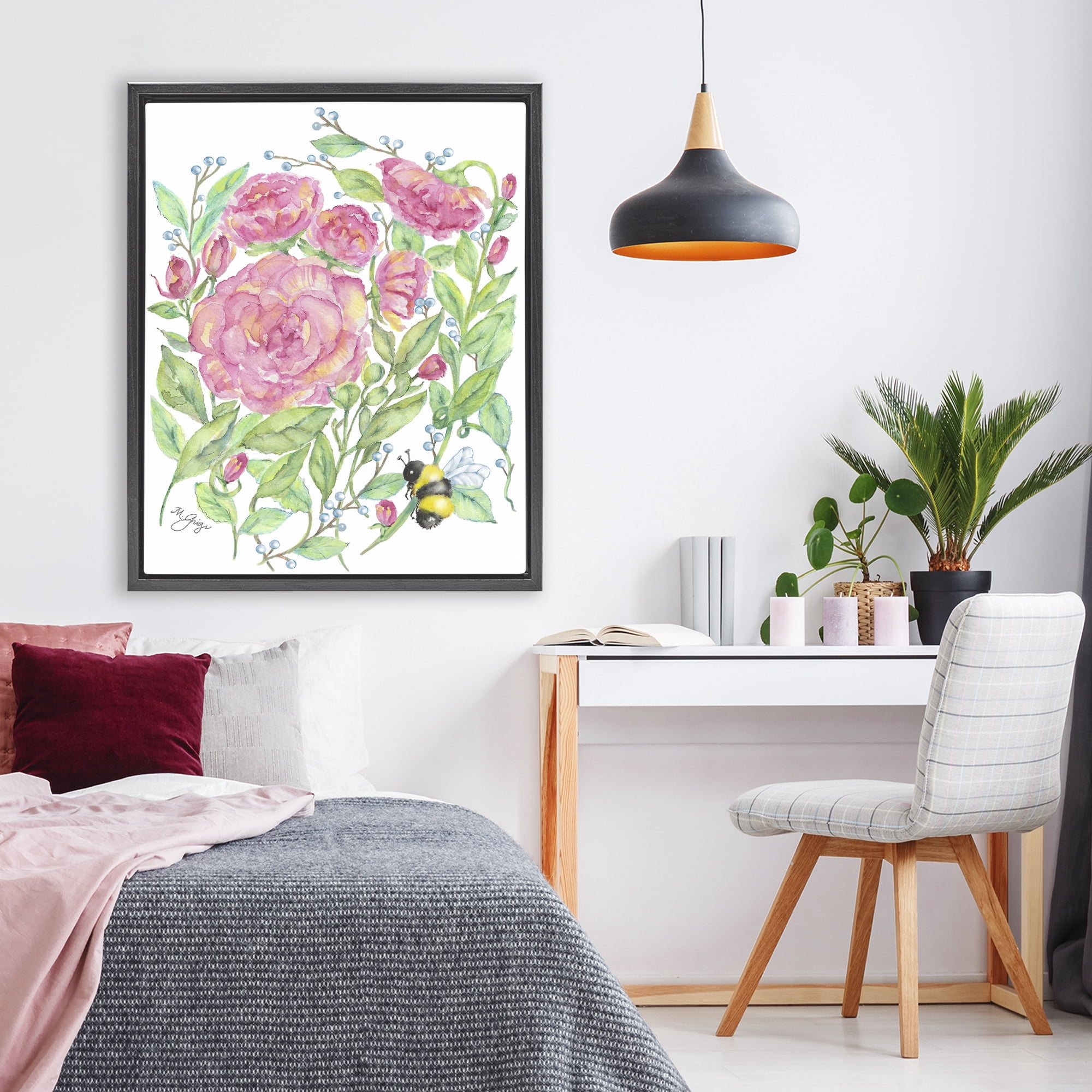 Stupell Industries Peony & Bumble Bee Black Framed Floater Canvas Wall Art, design by Maureen Grigs
