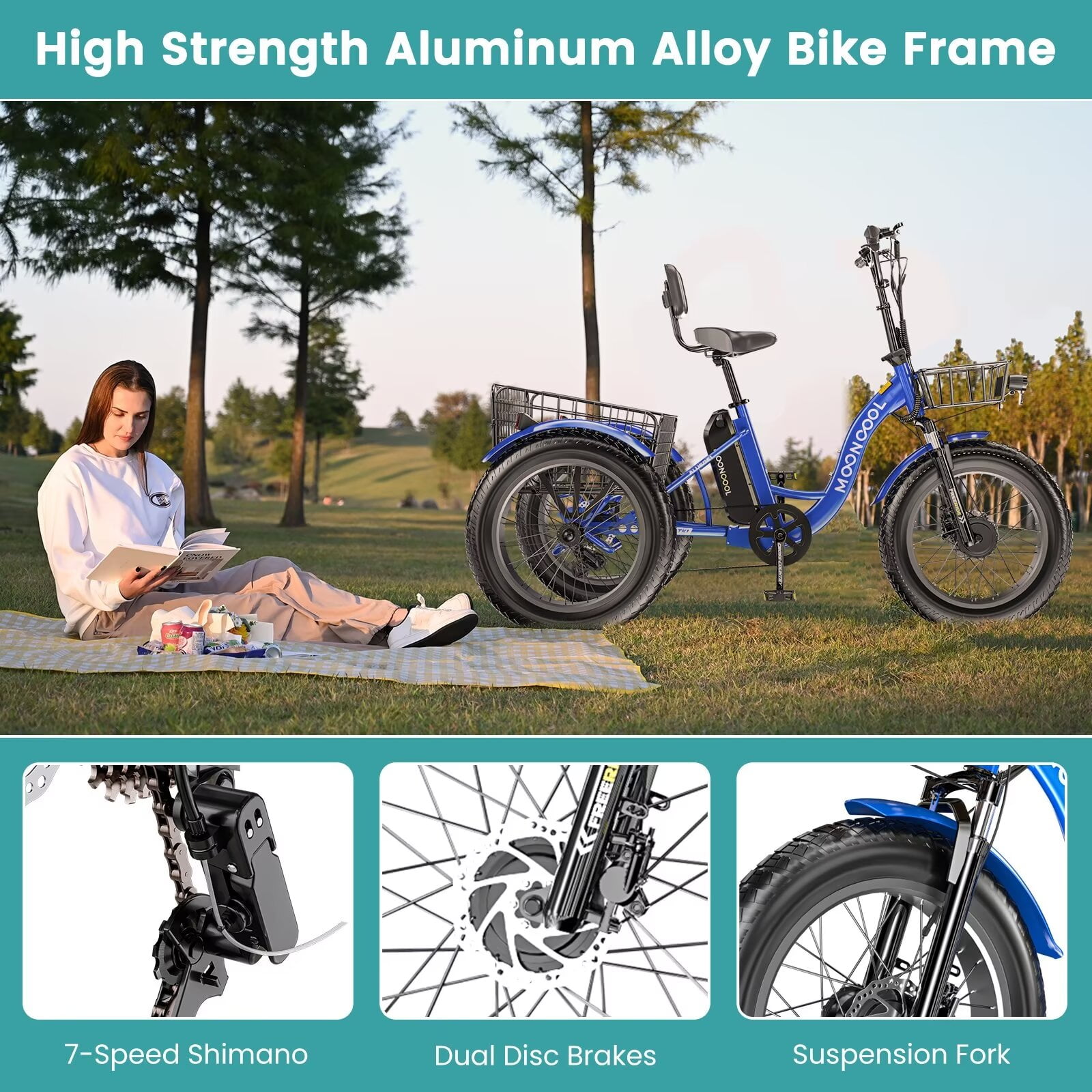 Lilypelle 7-Speed Electric Tricycle with 20" x 4" Fat Tires for Adults,500W 48V 14.5Ah Lithium Battery ,3 Wheels Electric bike with Front & Rear Basket for Men, Women，Senior