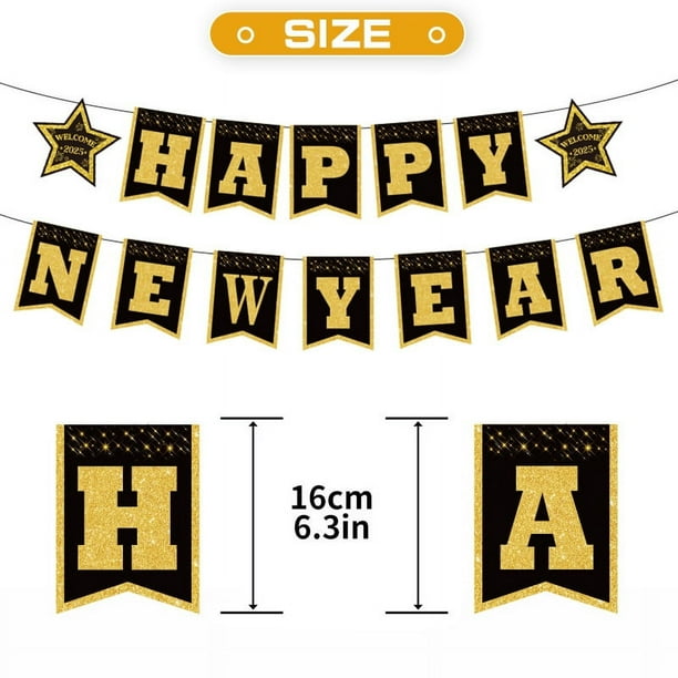 Feliz año nuevo con espirales colgantes en negro y dorado para fiestas de Nochevieja 2025 Decoraciones de feliz año nuevo Colgantes de año nuevo