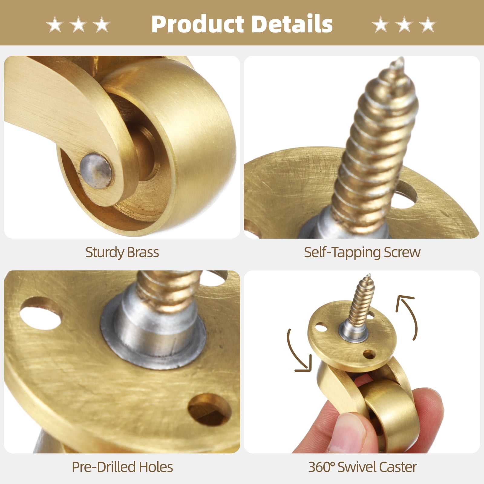 4 PCS Brass Universal Casters, Self-Tapping Stem Swivel Casters, Heavy Duty Metal Rolling Wheels 220 Lbs Load Bearing, 360 Degrees Rotation Movable Wheels for End Table Cabinet Chair Furniture