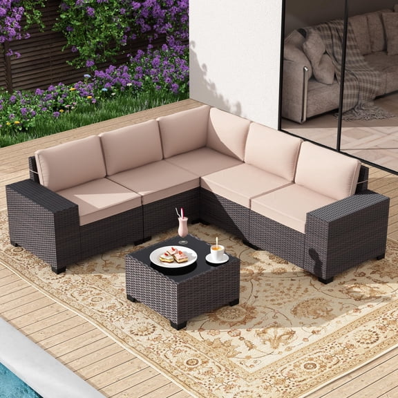 ALAULM 6PCS Patio Furniture Sets PE Rattan Wicker Patio Conversation Set Modular Outdoor Sectional Sofa,Sand