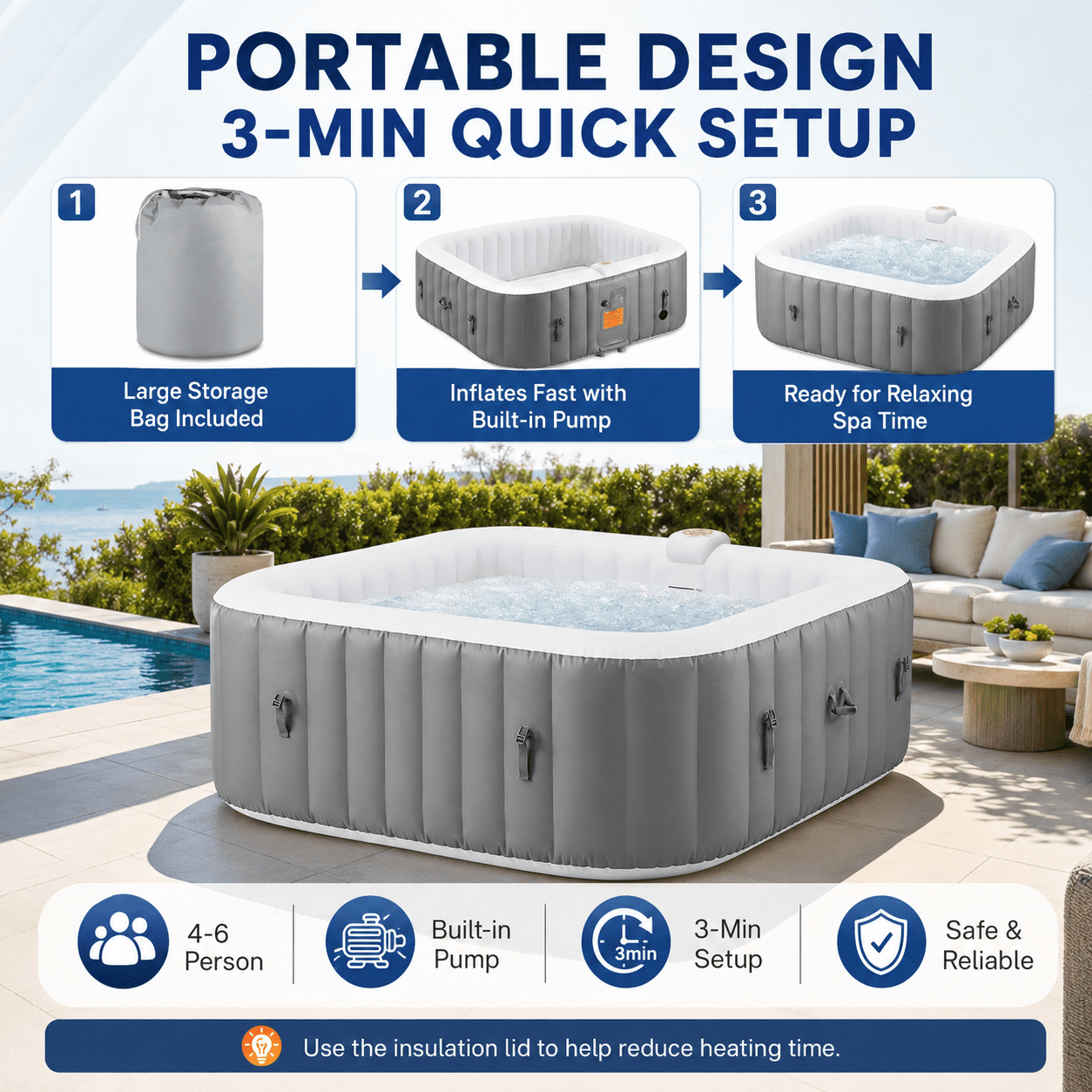 73''Inflatable Hot Tub, Outdoor Hot Tub for 6 Person Indoor Home Spa with Hidden Machine, 130 Massage Jets, Lockable Cover, Storage Bag, 4 Filters, 2 Cup Holders, Max 104℉, 910L Capacity