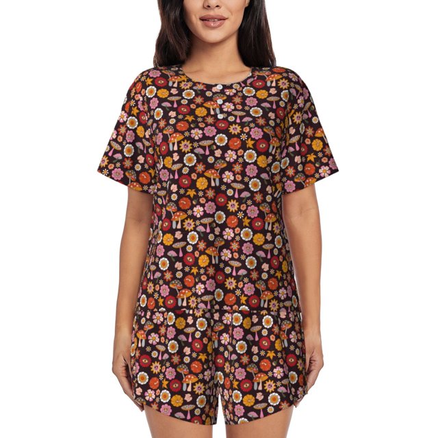 Balery 70s Groovy Hippie Retro Conjunto de Pijama para Mujer con Estampado, Dos Piezas de Manga Corta y Shorts, Ropa de Dormir Suave con Cuello Redondo y Bolsillos-XX-Large
