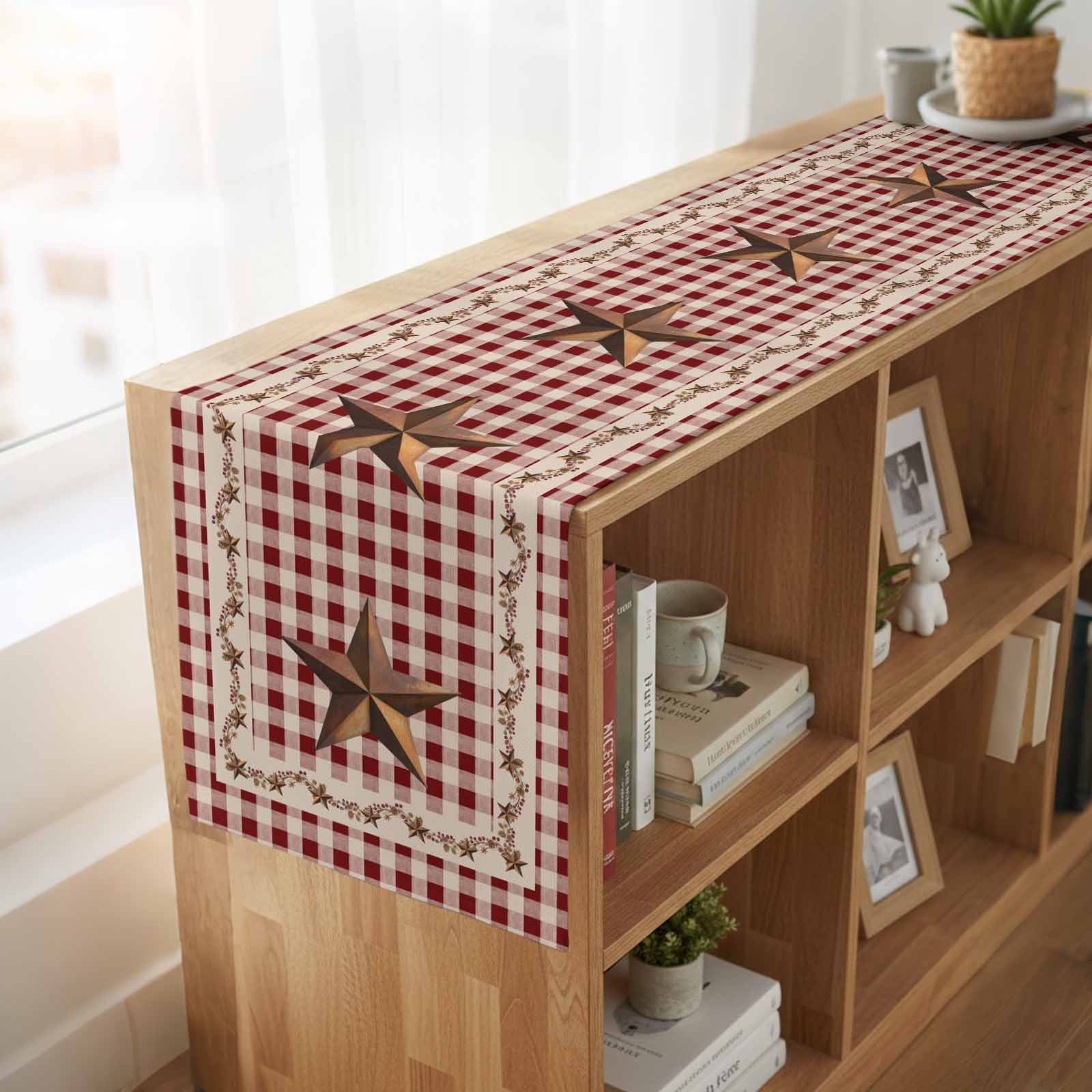 Rusty Country Stars Table Runner, Farmhouse Berries Vine Red Beige Plaid Cotton Linen Kitchen Table Decoration Washable Dining Tabletop Runners for Home Party Decor 13x108 Inches