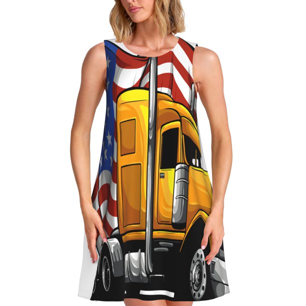Fotbe American Truck Vestido de Verano sin Mangas para Mujer – Vestido Midi Línea A, Estilo Camiseta Floral, Vestido Playero Casual y Fluido