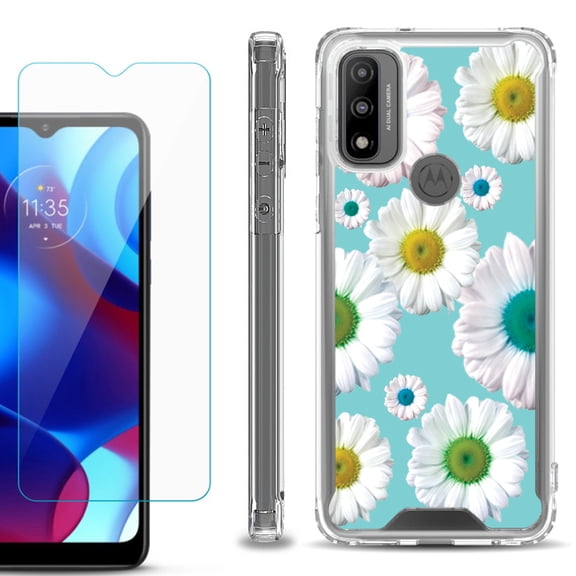 Shockproof Bumper Phone Case for Motorola Moto G Pure, with Tempered Glass Screen Protector, by OneToughShield ® - Daisy/Teal
