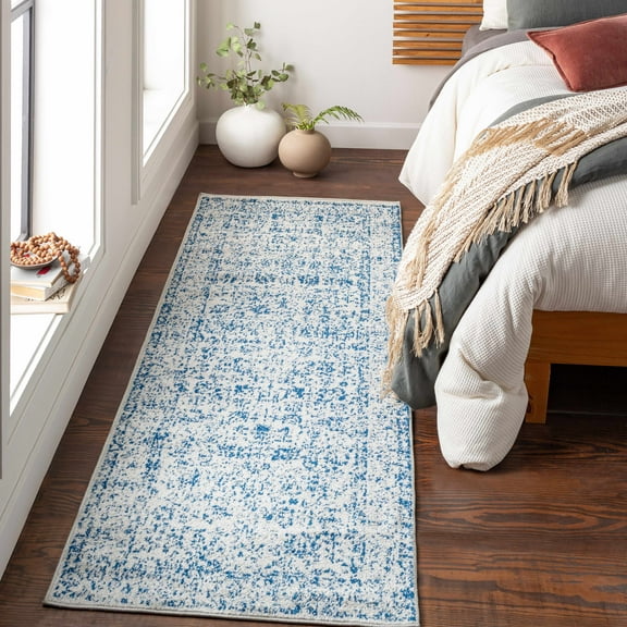 Hauteloom Truxton Hallway, Kitchen Runner Rug - Minimalistic Bohemian Traditional Carpet - Beige, Gray, Blue - 2'7" x 7'3"