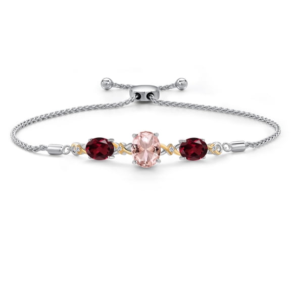 925 Silver & 10K Yellow Gold Peach Nano Morganite Red Rhodolite Garnet & Lab Grown Diamond Bracelet for Women | 5.08 Cttw | October Birthstone | Oval 10X8MM and 8X6MM | Fully Adjustable 9 inch