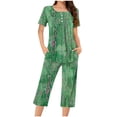 thumbnail image 2 of BiZtdJrK Womens Pajamas, Loose Pleated Tshirts Blouse and Capri Pants Pjs Lounge Set Casual Button Tee Tops Matching Cropped Trousers Sleepwear Suits Sales of the Week Green S, 2 of 5