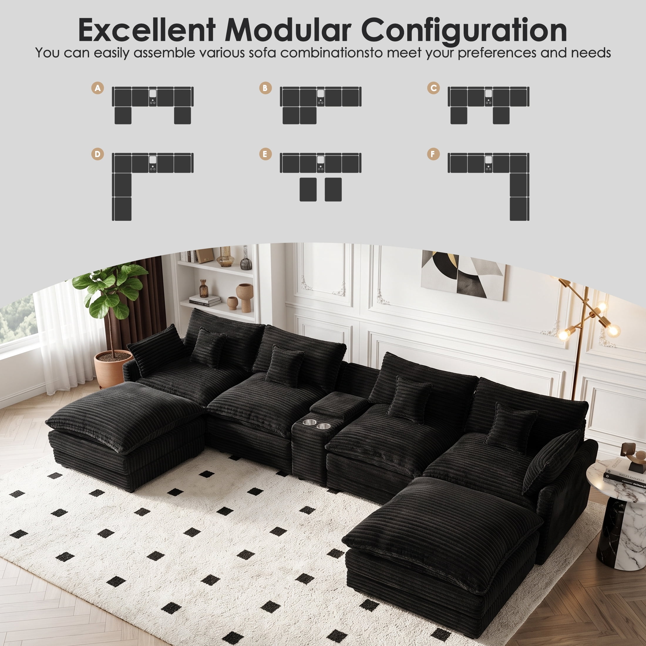 Wakefit 145" U Shaped Sectional Couch, Oversized Modular Sectional Sofa, 5 Seater Corduroy Cloud Couch with Hidden Storage, USB Ports & Cup Holders for Living Room, Black