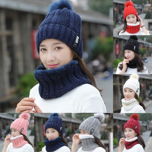 Scarf+Hat Set Women Winter Warm Solid 