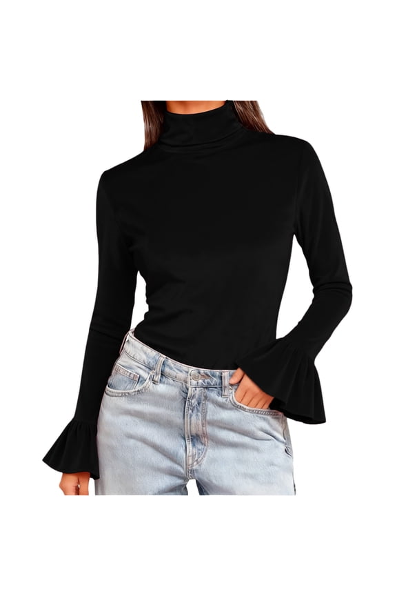 Velour Tops for Women Ruffle Trim Long Sleeve Shirts Turtleneck Elegant Slim Fitted Basic Tees Tops