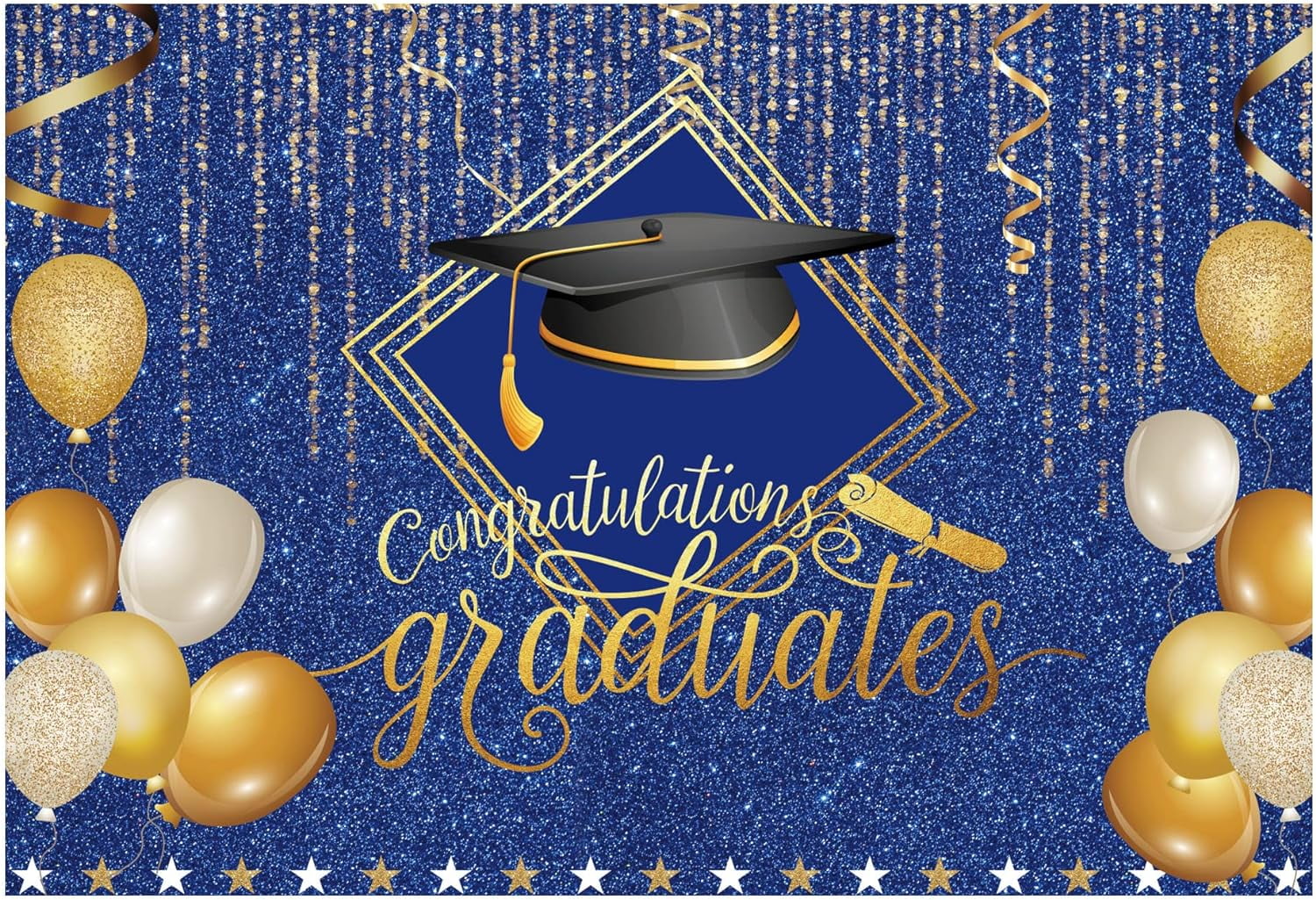 60.2*78.7IN 2025 Class Graduation Backdrop for Photography Gold and Blue Bachelor Cap Balloon Grad Congrats Party Banner Background for Picture Photo Photobooth Decoration