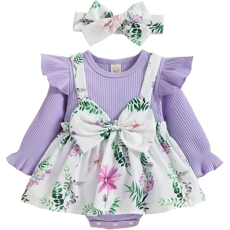 

QWZNDZGR Infant Baby Girls Romper Floral Print Knitted Ribbed Patchwork Long Fly Sleeve Skirt Hem Jumpsuits Headband