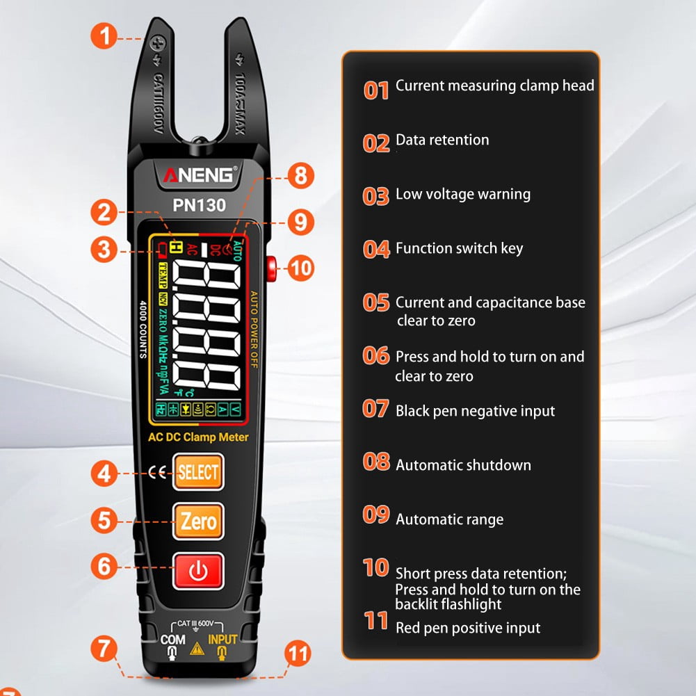 Yannee PN130 Digital U-shaped Clamp Meter Smart VA Color Screen Multimeter Rechargeable