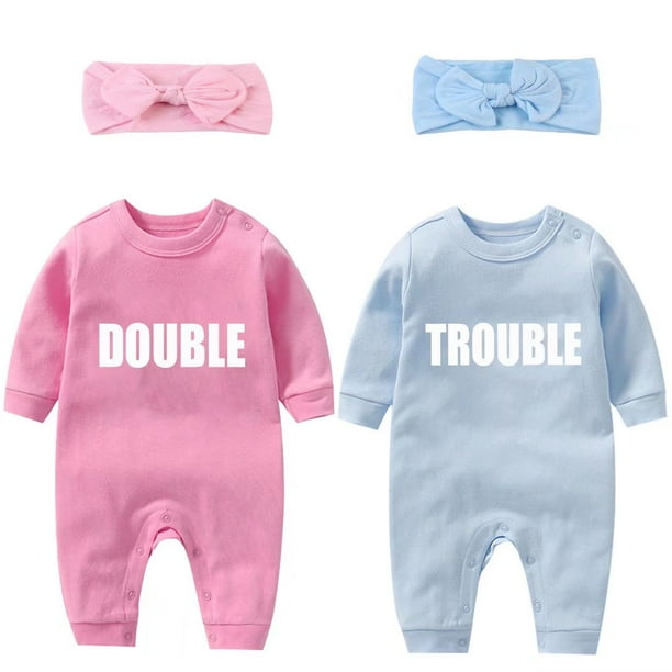 AOUYOA Baby Twins Bodysuits Newborn Baby Outfit Funny Double Trouble