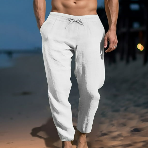 Pantalones largos para hombre, informales, de lino, con cordón, bolsillos, cinturón elástico, rectos, lisos.