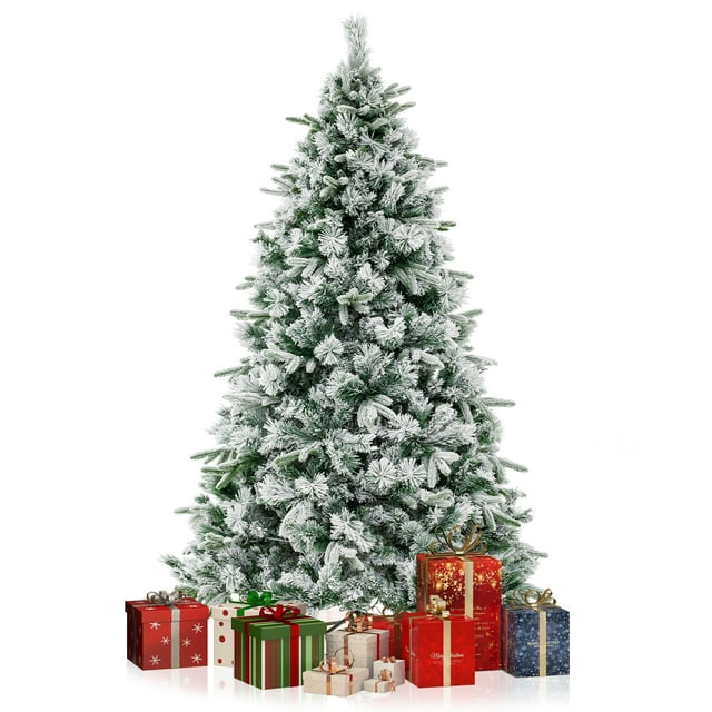 Patiojoy 7 FT Pre-lit Artificial Christmas Tree Snow-flocked Xmas Tree with 300 Warm White LED Lights 1096 Mixed Branch Tips
