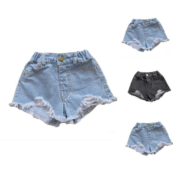 HAOTAGS Girls' Fringed Denim Shorts, Casualwear Pocket Detail Elastic Waist Summer Kids' Jeans Shorts Light Blue 3 T