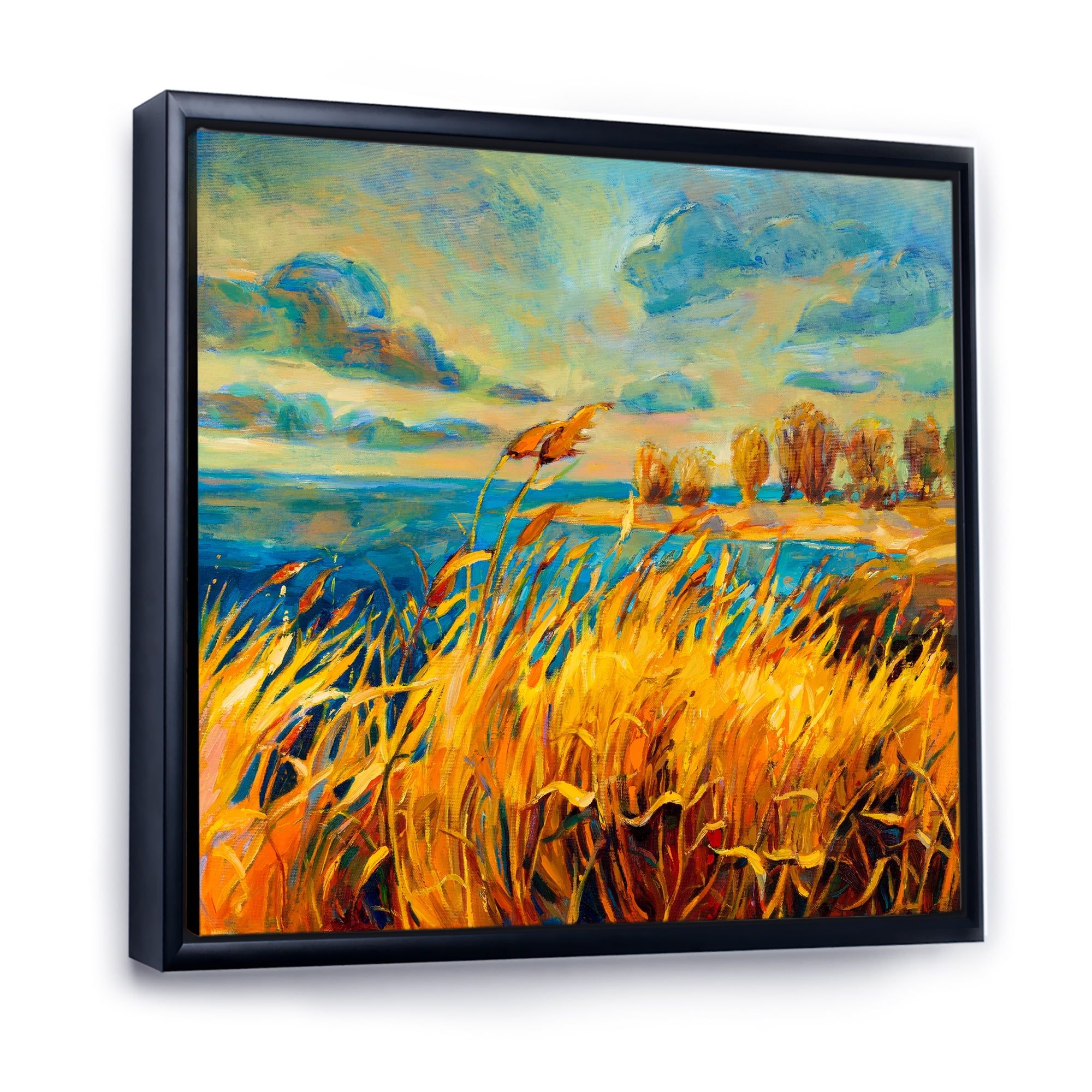 Sunset Over Vibrant Lake 36 in x 36 in Framed Painting Canvas Art Print, by Designart