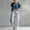 Dark Blue, variant on Morttic Women's Elegant Summer Two-Piece Set: Crew Neck Solid Batwing Sleeve Top & High-Waist Striped Floor-Length Wide-Leg Pants Green,XL