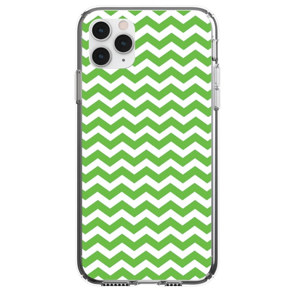 DistinctInk Clear Shockproof Hybrid Case for iPhone 11 Pro MAX (6.5" Screen) - TPU Bumper, Acrylic Back, Tempered Glass Screen Protector - Green White Chevron Stripes Wave - Chevron Stripes Pattern