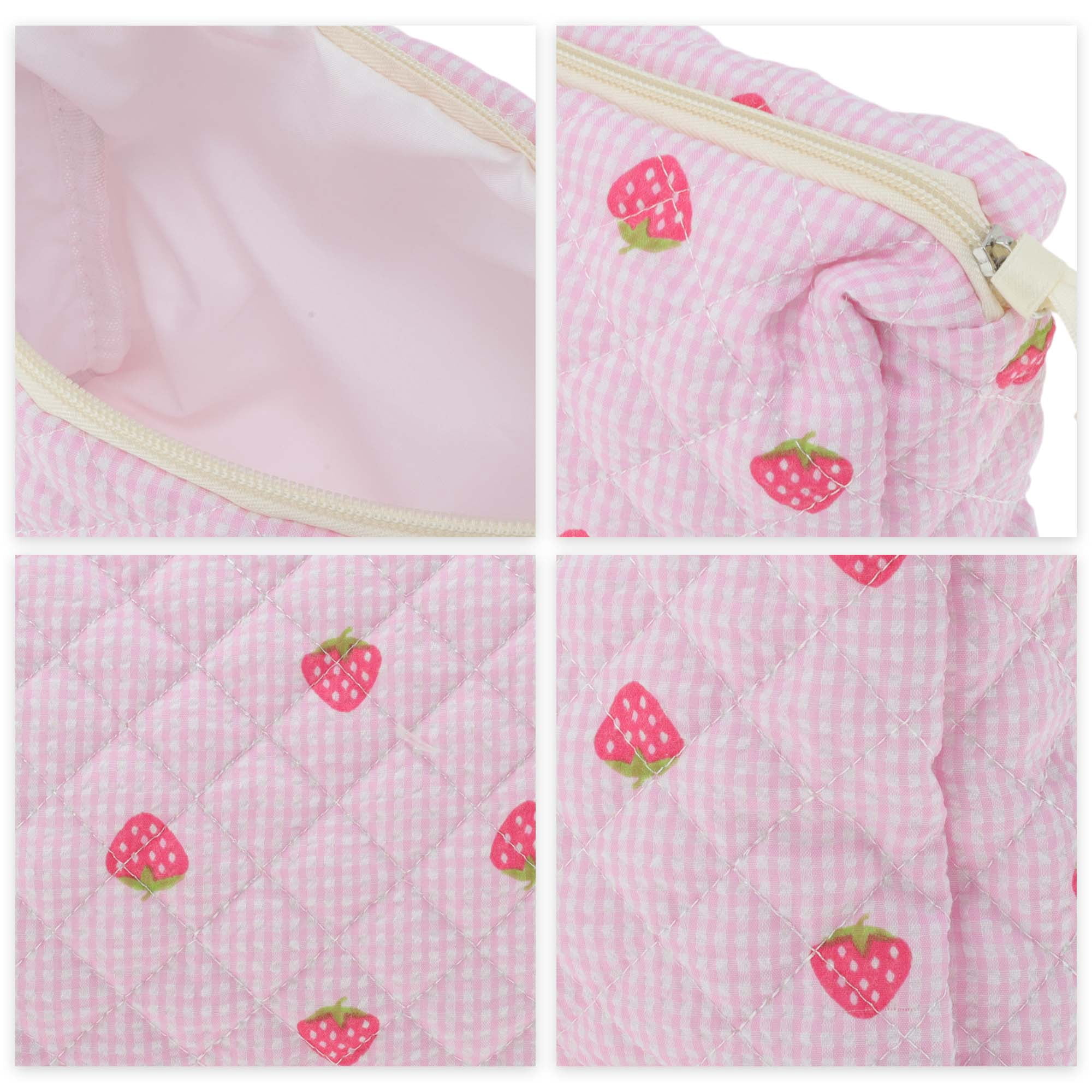 Unique Bargains 1 Pc Strawberry Makeup Bag Pink [Quilted Stripe Strawberry Square Medium]