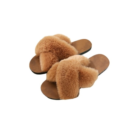 

Gomelly Furry Cross Slippers Women Sandals Outside Fluffy Keep Warm Soft Bottom Slides