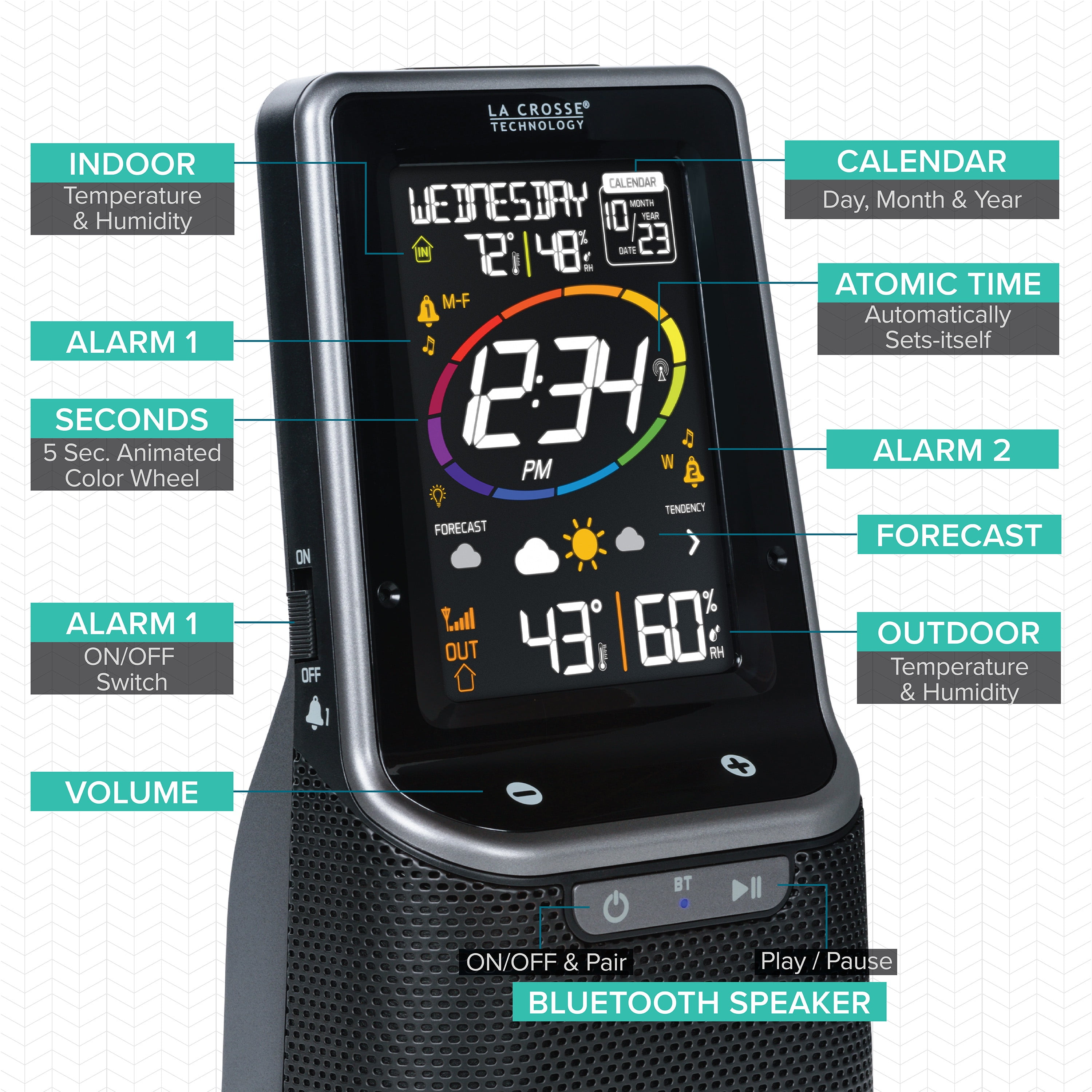 La Crosse Technology Wireless Weather Station with Bluetooth Speaker and Atomic Time and Date, S87078