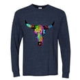 thumbnail image 2 of Wild Bobby, Colorful Rainbow Cow Bull Skull Animal Lover Mens Long Sleeve Shirt, Vintage Heather Navy, Small, 2 of 3