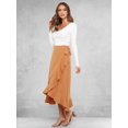 thumbnail image 5 of Womens One-Piece Wrap Tie Waist Solid Color Irregular Hem Chiffon Midi Skirt Elegant Flowy Khaki L, 5 of 9
