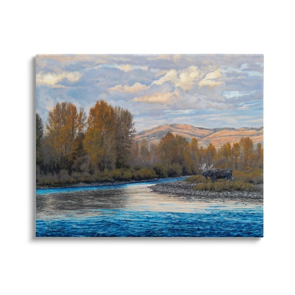 Stupell Industries Moose By Lake Mountain Landscape Coastal Painting Gallery Wrapped Canvas Print Wall Art