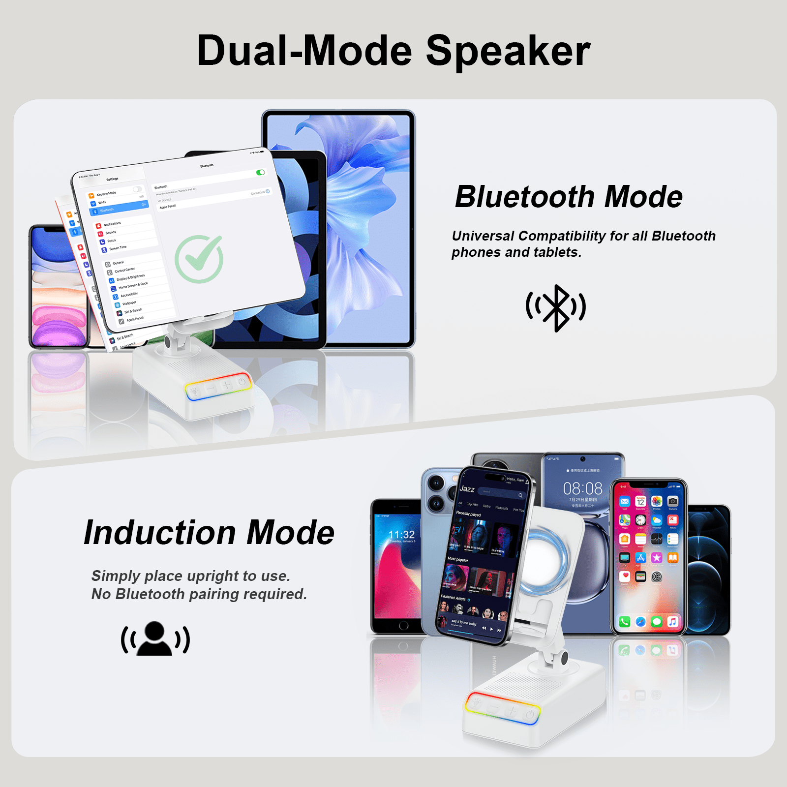 Adjustable Cell Phone Stand with Wireless Induction Bluetooth Speaker, HD Surround Sound, Color-Changing LED Light, and Non-Slip Phone Holder – Perfect for Yoga and Kitchen, a Great Gift for Everyone
