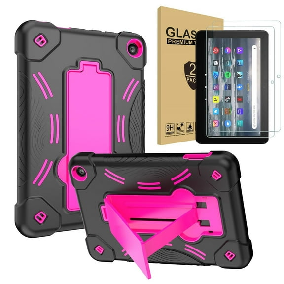 Epicgadget Fire 7 Case 2022 with 2PCS Tempered Glass Screen Protector - Three-Layer Full Body Rugged Shockproof Cover with Stand for Amazon Fire 7 Tablet (12th Generation, 2022 Released) (Black/Pink)