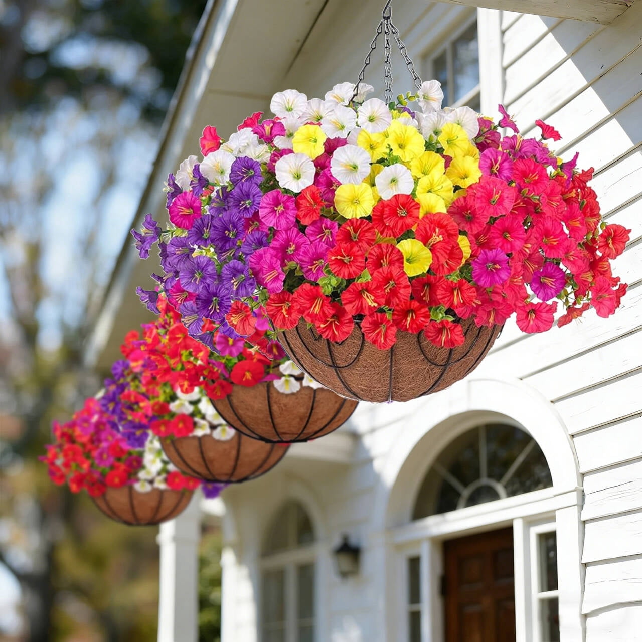 AcerichFad Artificial Hanging Flowers, 12 PCS Outdoors Fake Flowers Faux Plants with Coconut Lining Basket for Spring Summer Home Decoration, Multicolor