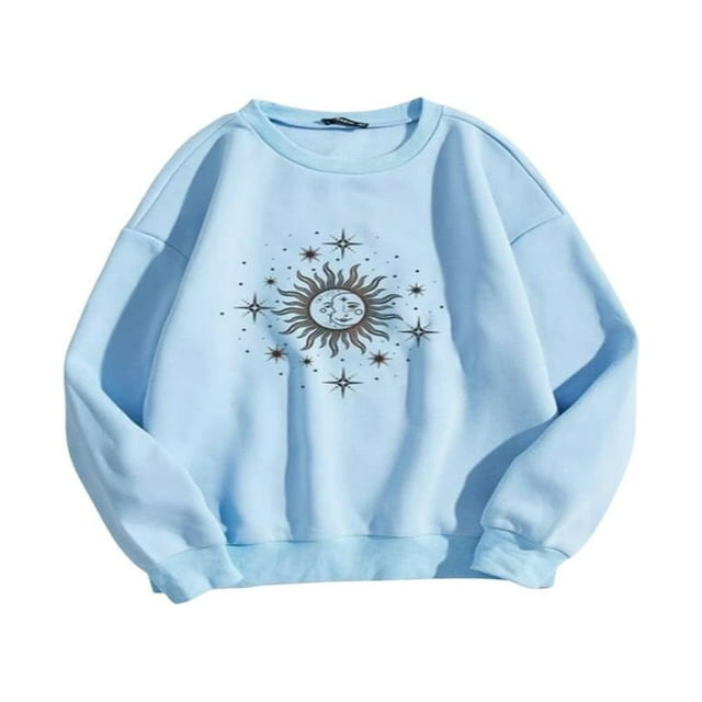 Long-Sleeved Fall Pullover Simple Sun and Moon Print Sweatshirt Casual Oversized Loose Sweater Top,Beige