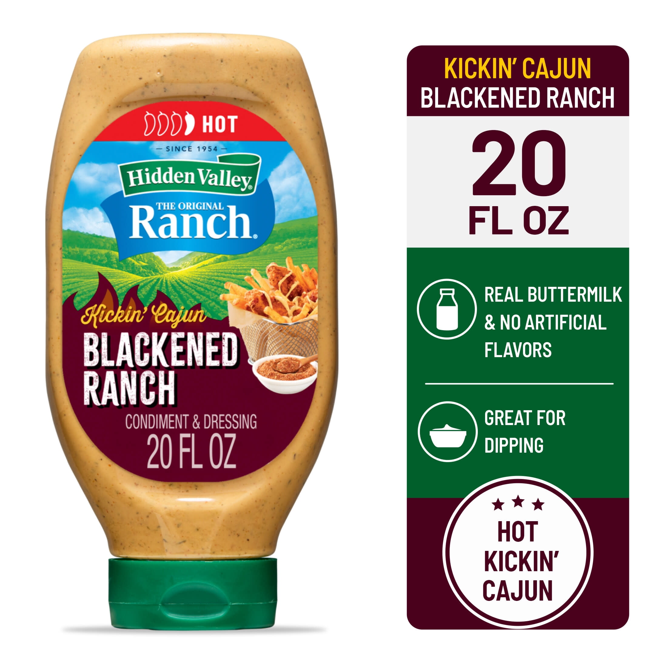 (3 pack) Hidden Valley Kickin' Cajun Blackened Ranch Condiment and Dressing, Easy Squeeze Bottle, 20 fl oz