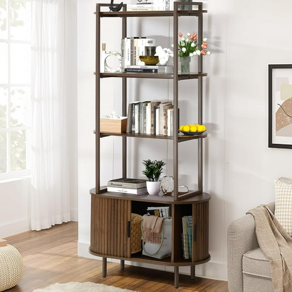 Haverchair 71" Tall Fluted Bookshelf with Sliding Tambour Doors, 4-Tier Book Shelf with Open Display Shelves and Adjustable Footpad, Modern Bookcase with Storage Cabinet for Living Room, Bedroom