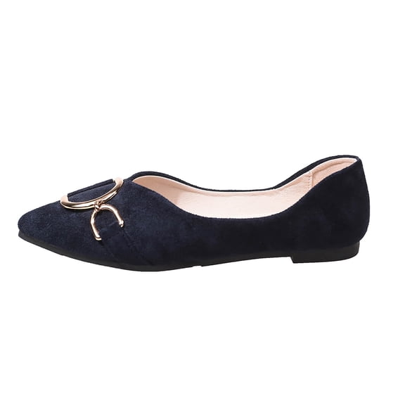 Womens Pointed Toe Ballet Flats - Navy Blue Faux Suede Slip On with Metal Ring, Comfortable Padded Flats for Work & Everyday,Size 7