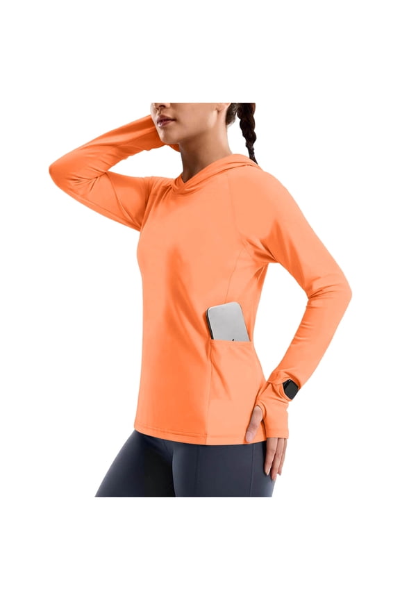Upf 50 Long Sleeve Women Hoodie,Uv Sun Protection Shirts for Women,Long Sleeve,Raglan Sleeve,Solid,Lightweight,Orange,L