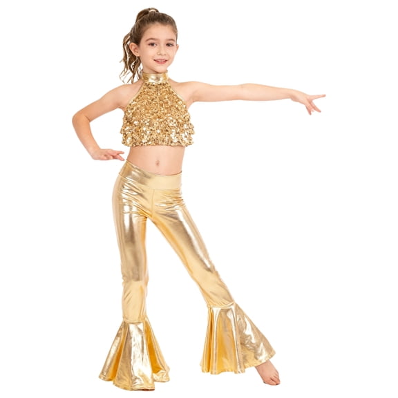 TSSOE Kids Girls 2 Piece Jazz Hip Hop Dance Clothes Shiny Sequin Backless Crop Tops with Flared Pants Ballroom Outfits Gold 6