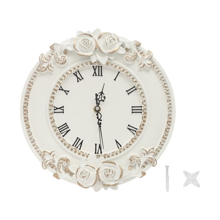 Shangmakel Vintage Wall Clock, Carved Rose Resin Round Wall Clock for Living Room Bedroom White Gold